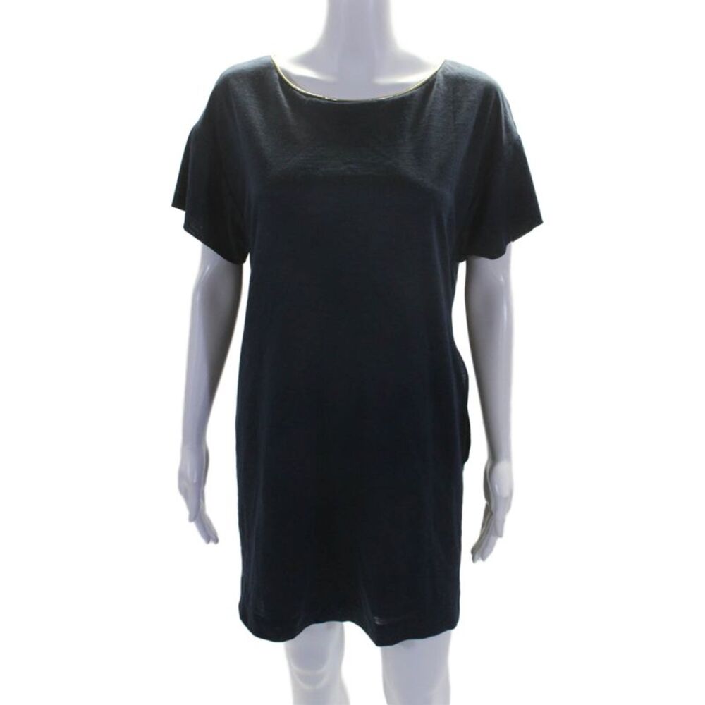 Designer Fashion Short Sleeve Shiny Sleek Slip Short Dress Navy Size S